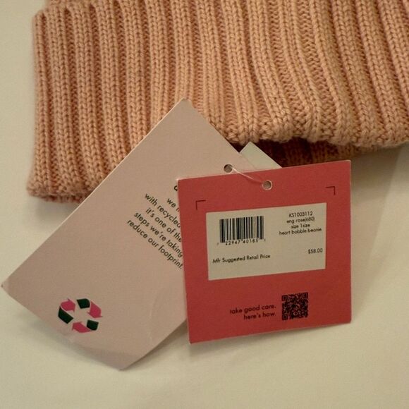 NWT KATE SPADE knit Pom Pom English Rose pink heart beanie winter hat cable os - Picture 3 of 6